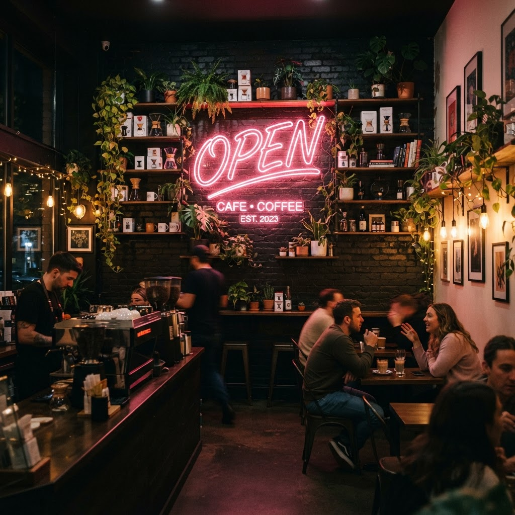Enseigne néon LED rose personnalisée installée dans un café
