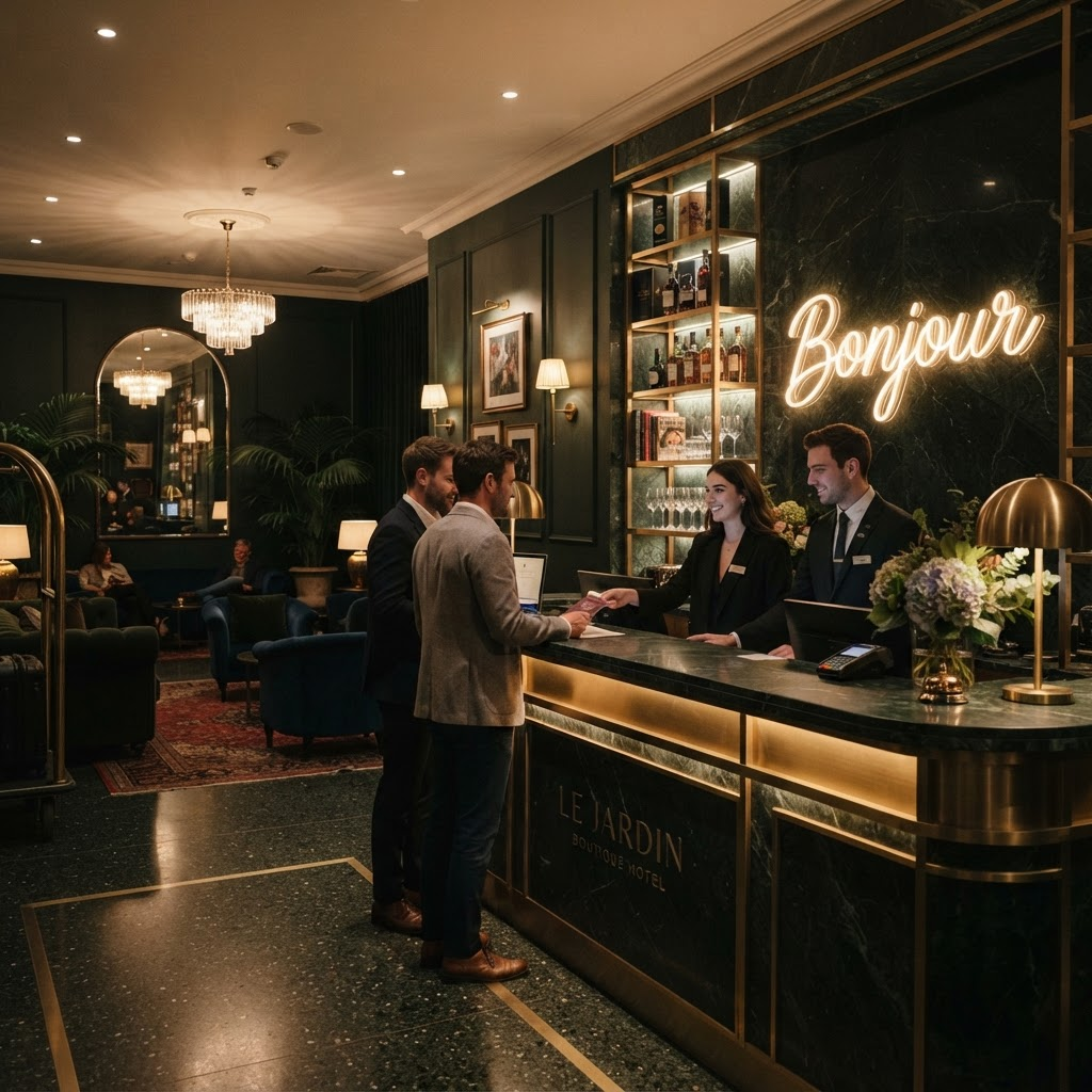 Enseigne néon dans le lobby d’un hôtel